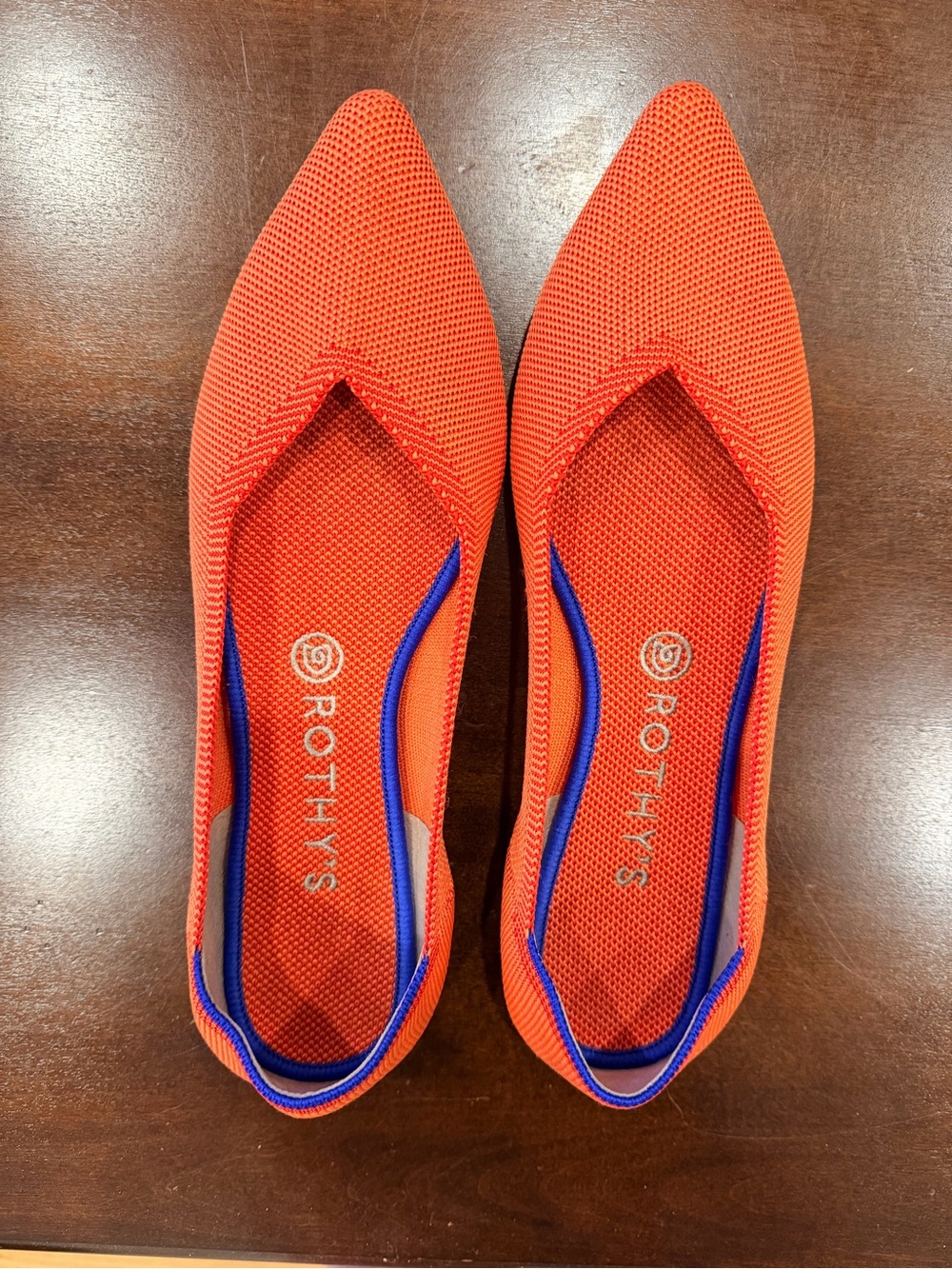 Rothy's Orange Pointed Knit Flats with Blue Trim